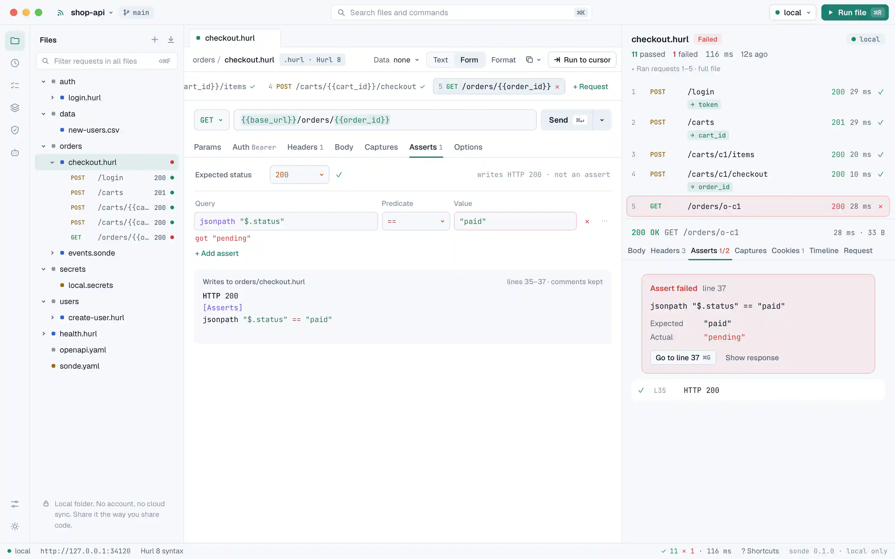 Form view of the Asserts tab with a failing row explained and the text it writes.