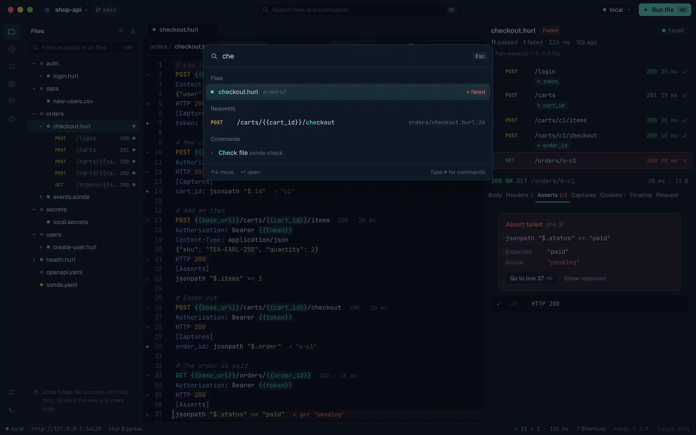 Command palette open over the editor, listing request files and commands such as Check file and Run to cursor.