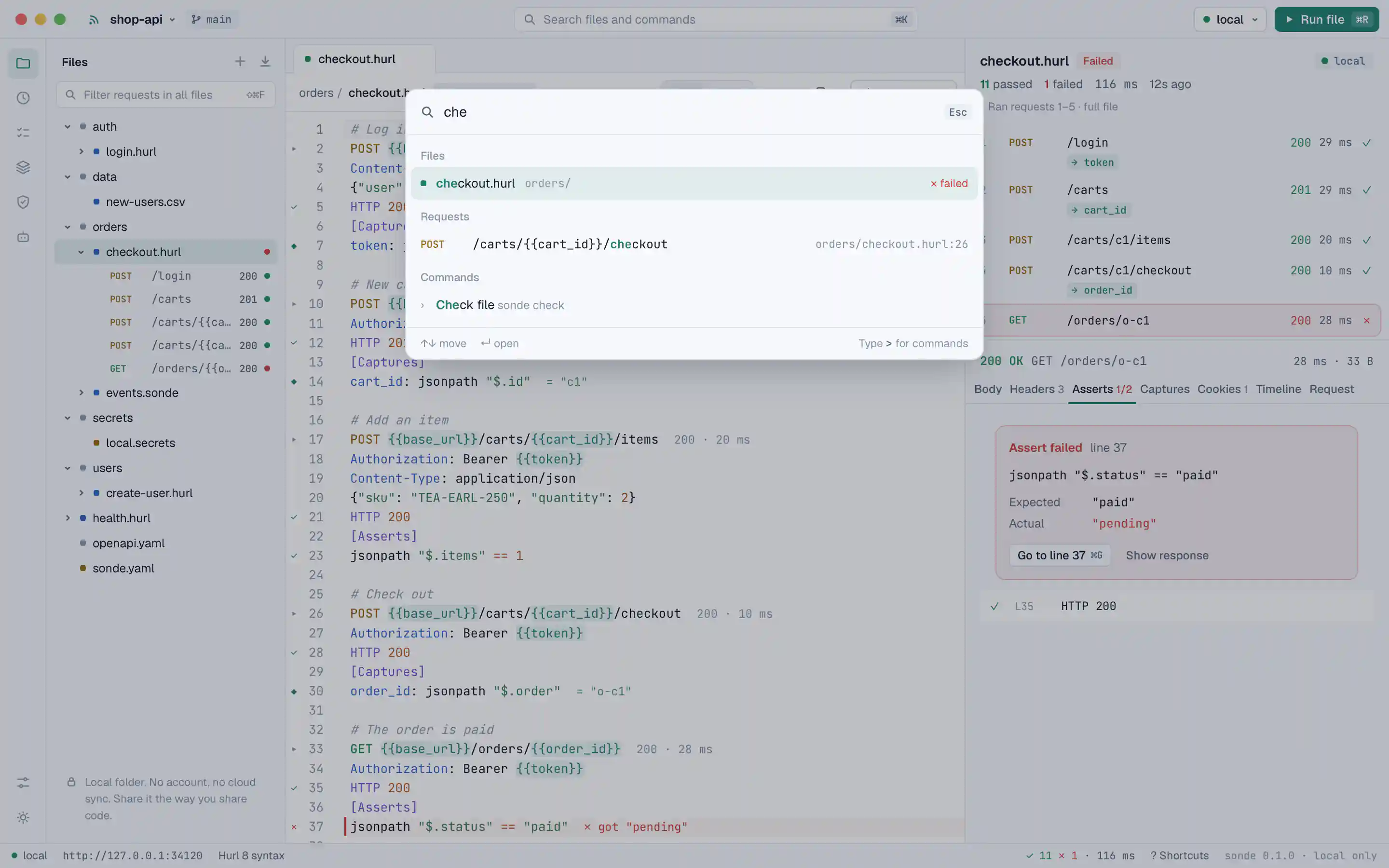 Command palette open over the editor, listing request files and commands such as Check file and Run to cursor.
