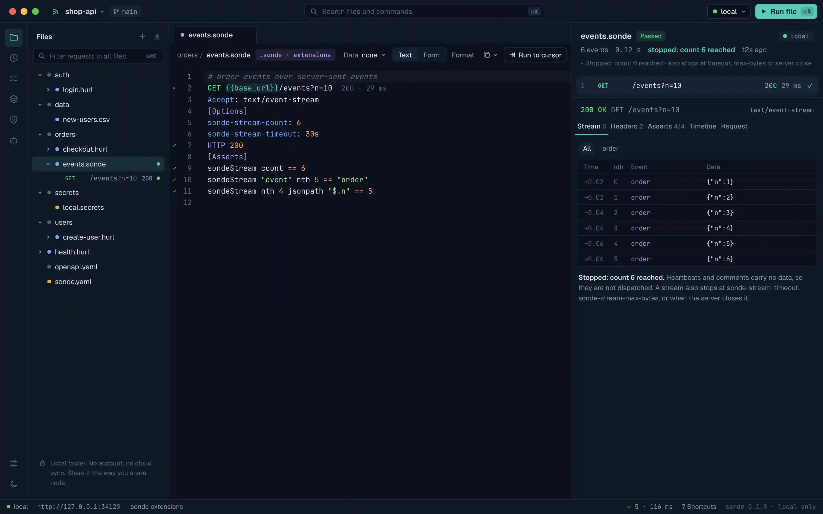 A live Server-Sent Events log that closes when the until condition matches.