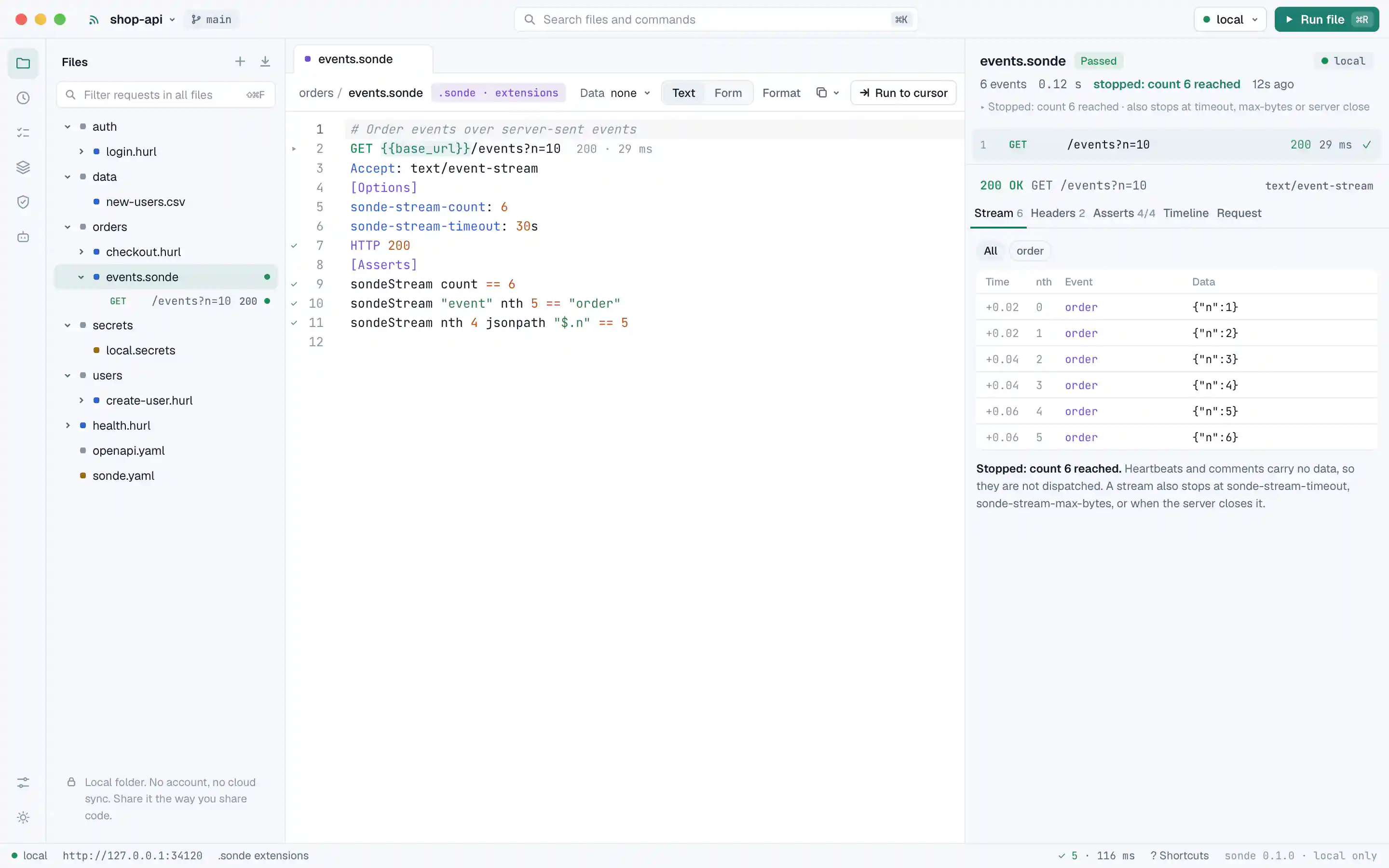 A live Server-Sent Events log that closes when the until condition matches.